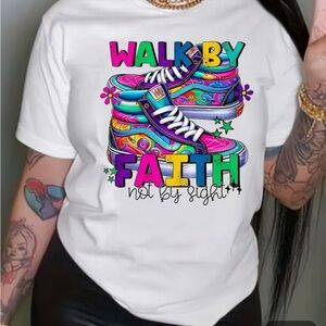 White WALK BY FAITH Letter & Sneaker Print Crew Neck T-Shirt
